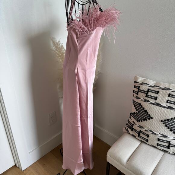 Blu Pepper Pink Satin Slip Midi Dress Faux Feather Trim NWT Medium - Picture 6 of 12